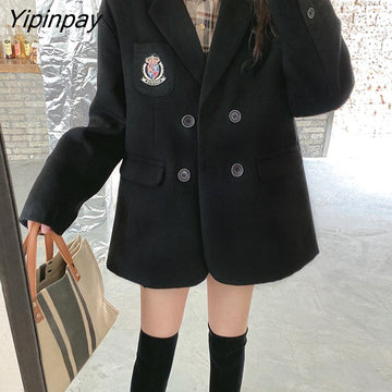 Yipinpay New Women Jacket Loose Black Preppy Style Woolen Coat Notched Collar Fashion Baggy Suit Coat Female Jacket